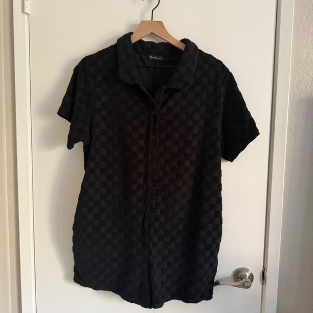 Very J Black Checkered Romper Short‎ Sleeve Button Front Terry Cloth Streetwear